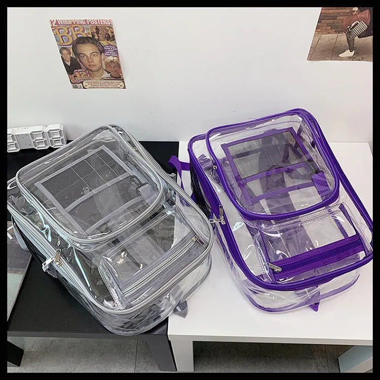 Clear PVC waterproof backpack with inner voile bag, shown in available colours.