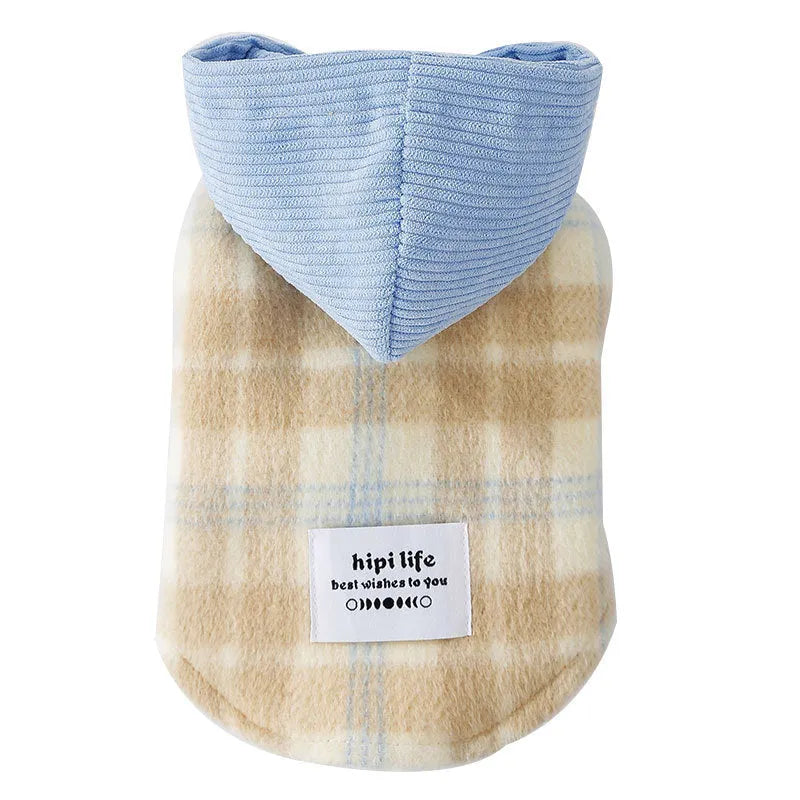 Blue chessboard grid corduroy dog vest with hooded traction feature showing weight-based sizing