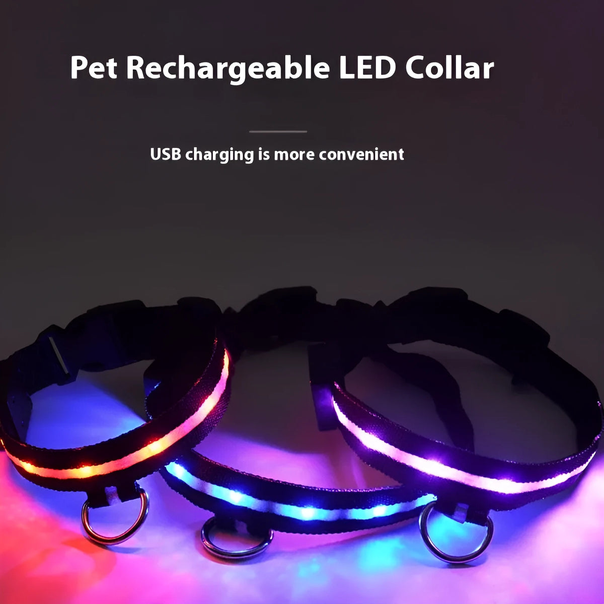 Black polyester LED luminous dog collar and 2.5cm x 120cm hand rope set in sizes S, M and L