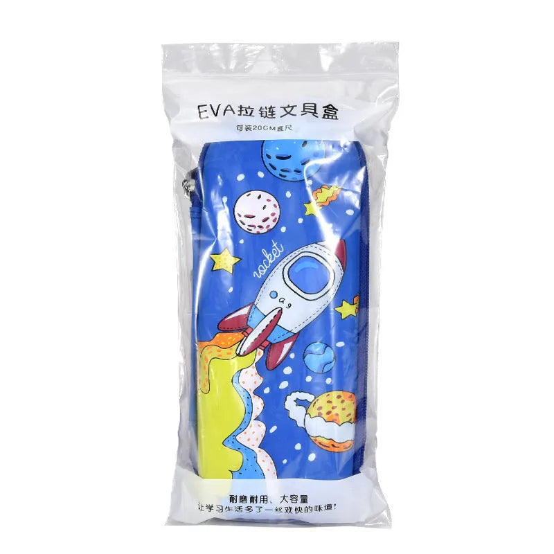 3D leather pencil case with zipper closure showing character design options including astronauts, unicorns, and mermaids