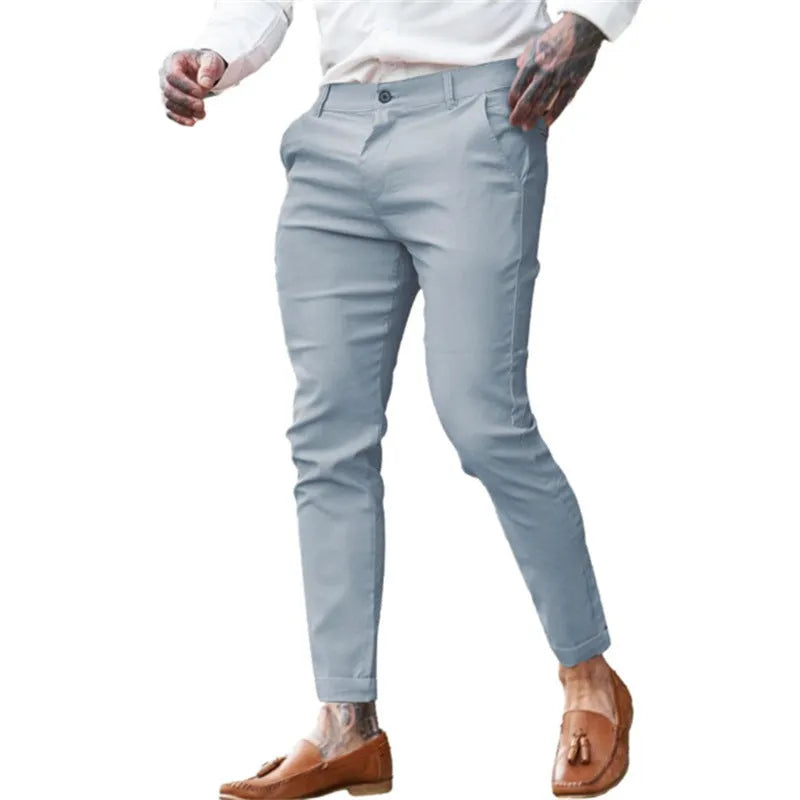 Men's slim fit cotton stretch pencil pants in multiple colours with mid waist and zip fly closure