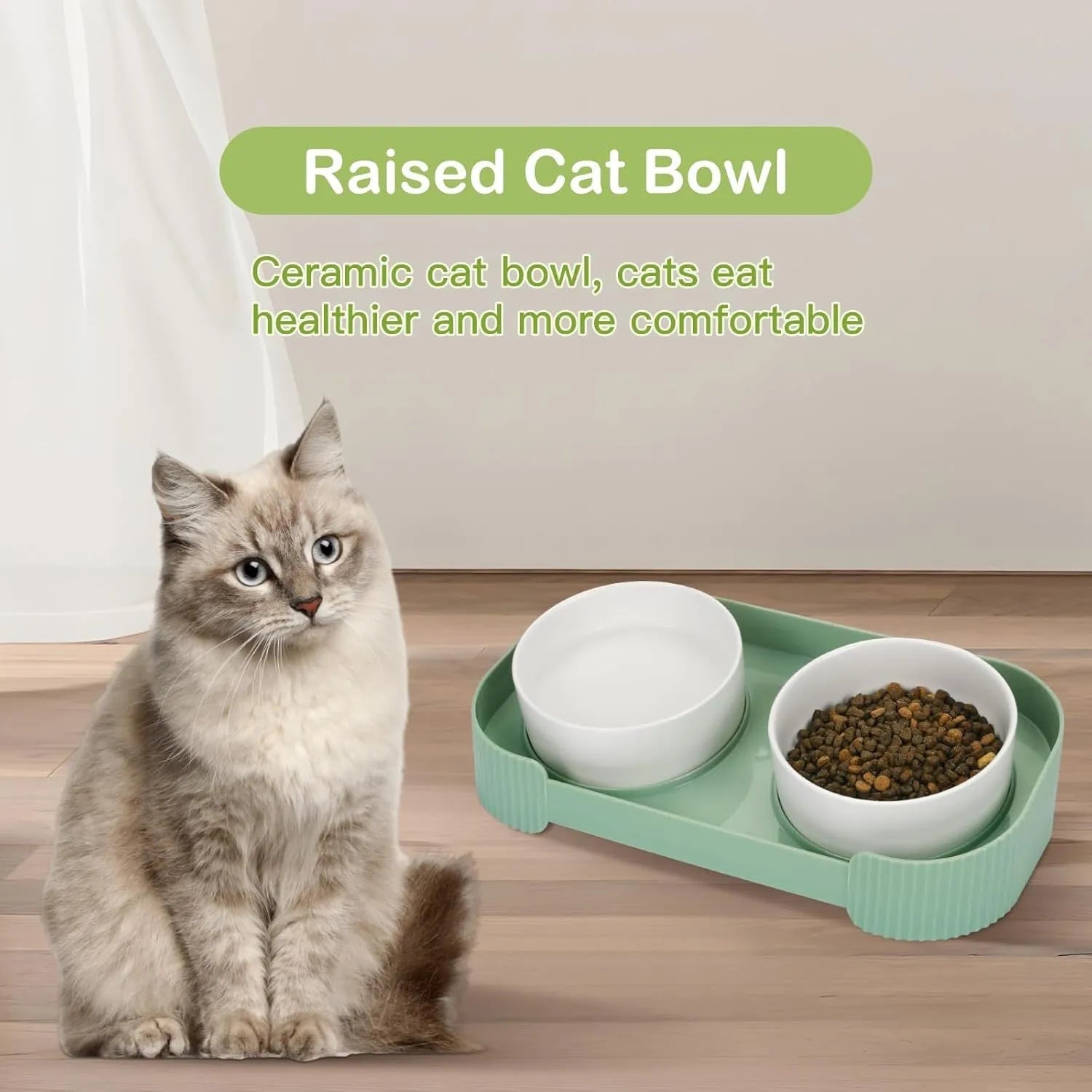 Green ceramic elevated cat bowl set with two bowls on a tilted, non-slip stand.