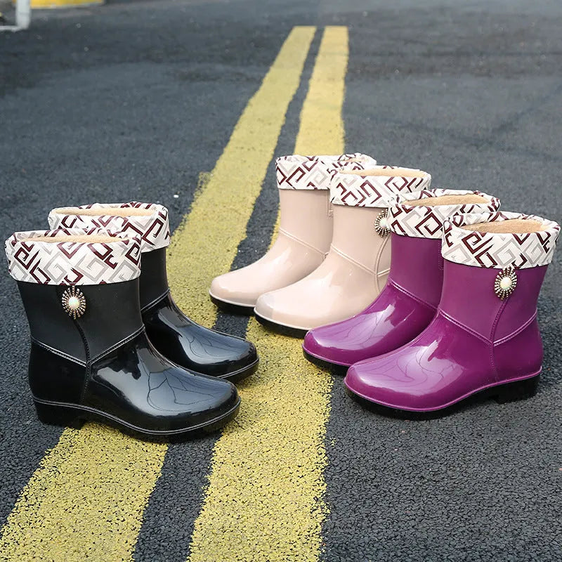 Women's purple PVC fashion rain boots with non-slip sole and low tube socks design