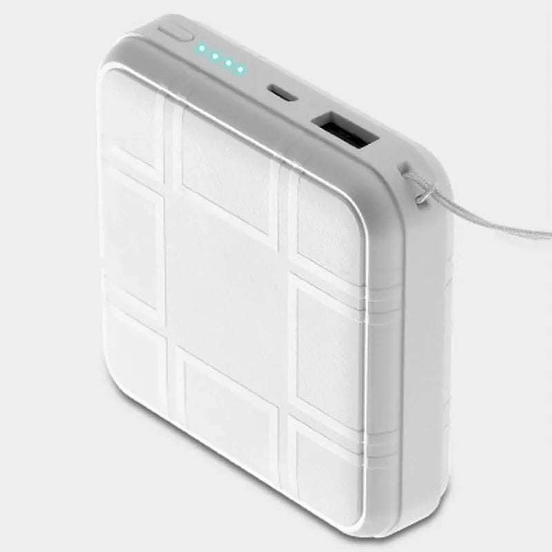 Leather patterned square mini compact power bank in black with cable, 73x123x9mm, 2000mAh capacity