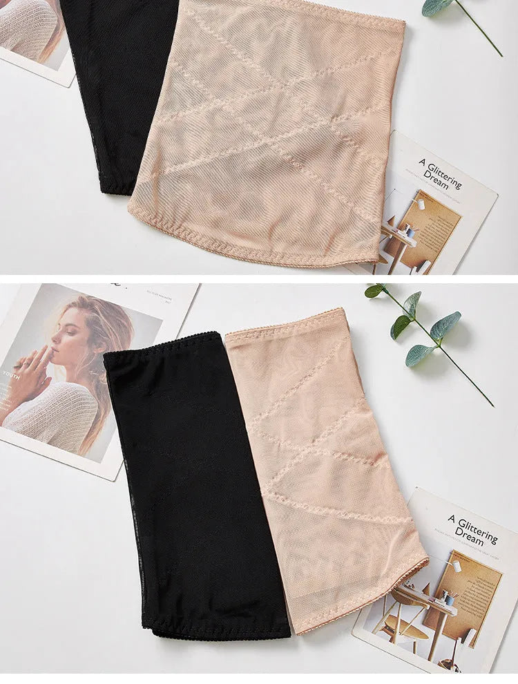 Mesh belly band waist shaping strap in black and skin colour options on size chart