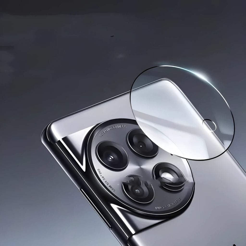 Tempered glass camera lens protector for OnePlus 12, Find N3, and OnePlus 11 phones with black ring design.