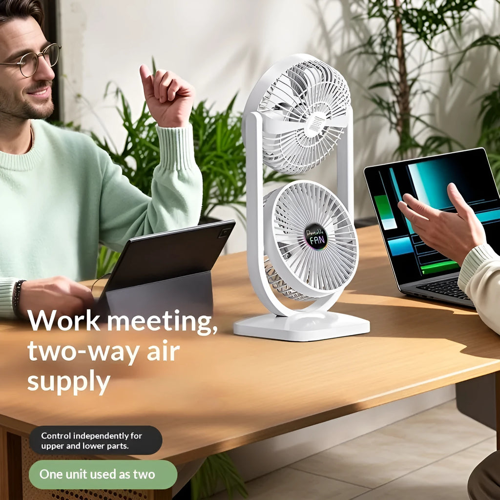 Double-layer electric fan with dual head USB rechargeable brushless motor in white, 19.8x15.6x39.3cm