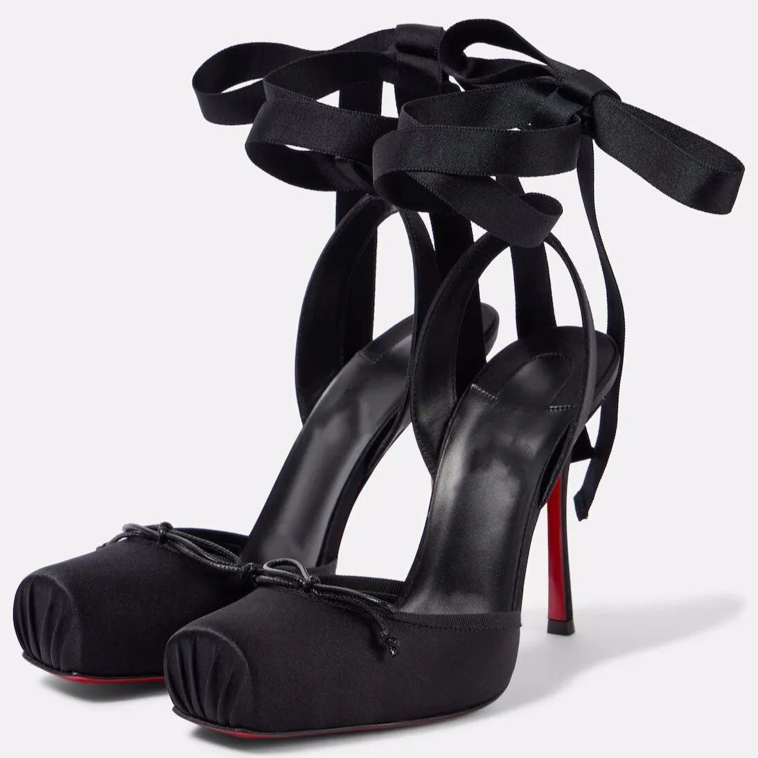 Women's stiletto heel square toe sandals with satin upper in multiple colours including apricot and black