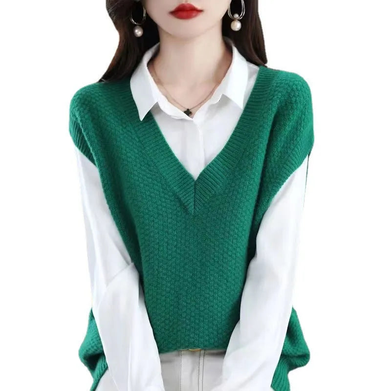 Women's knitted V-neck sleeveless vest with 3D pattern texture in multiple colour options