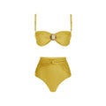 Women's high-waist two-piece bikini swimsuit set with a skirt in green or yellow nylon.