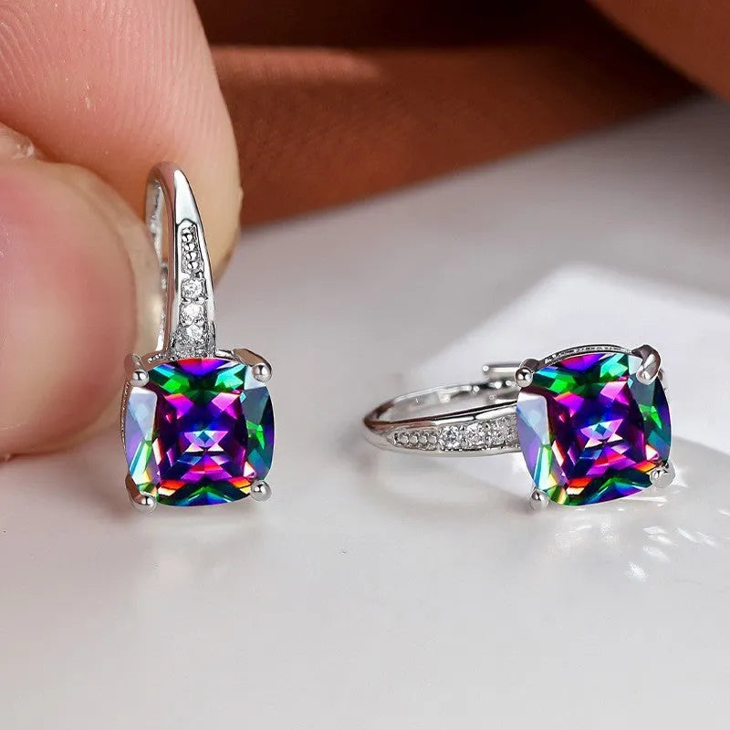 Square zircon geometric ear hook earrings in electroplated copper with Korean-style design