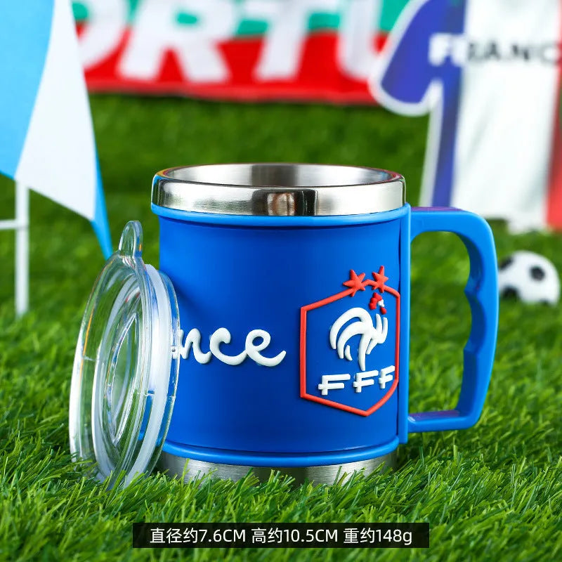 World Cup soccer mug souvenir with rubber metal construction, 7.6cm diameter, showing team colour design