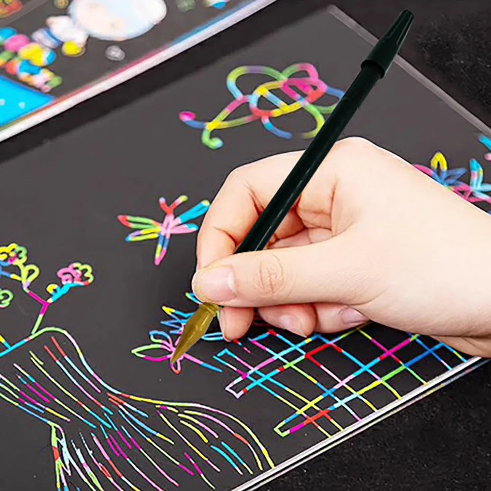 Scratch art brush pen tool with PS plastic handle for children's art projects on scratch paper