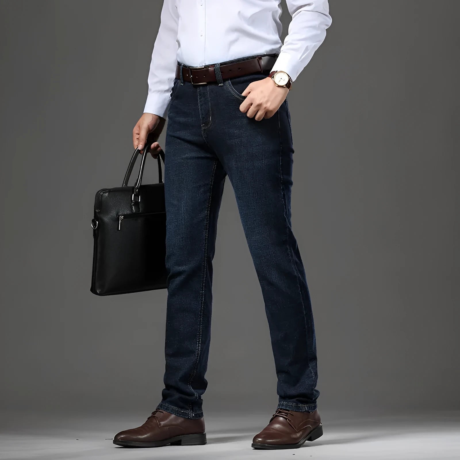 Men's black and blue stretch denim jeans showing straight-leg business casual style with mid waist and zip fly