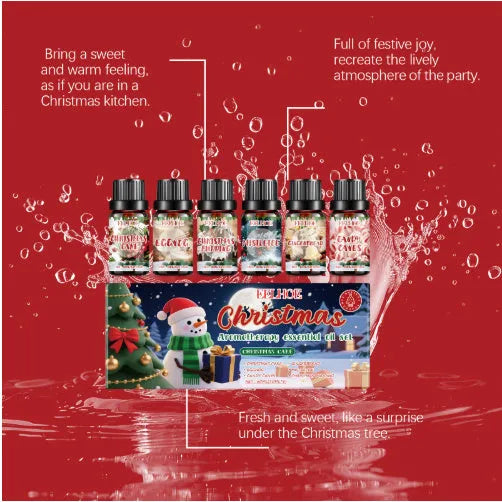 Christmas aromatherapy oil set showing six 60ml bottles with droppers for festive home fragrance