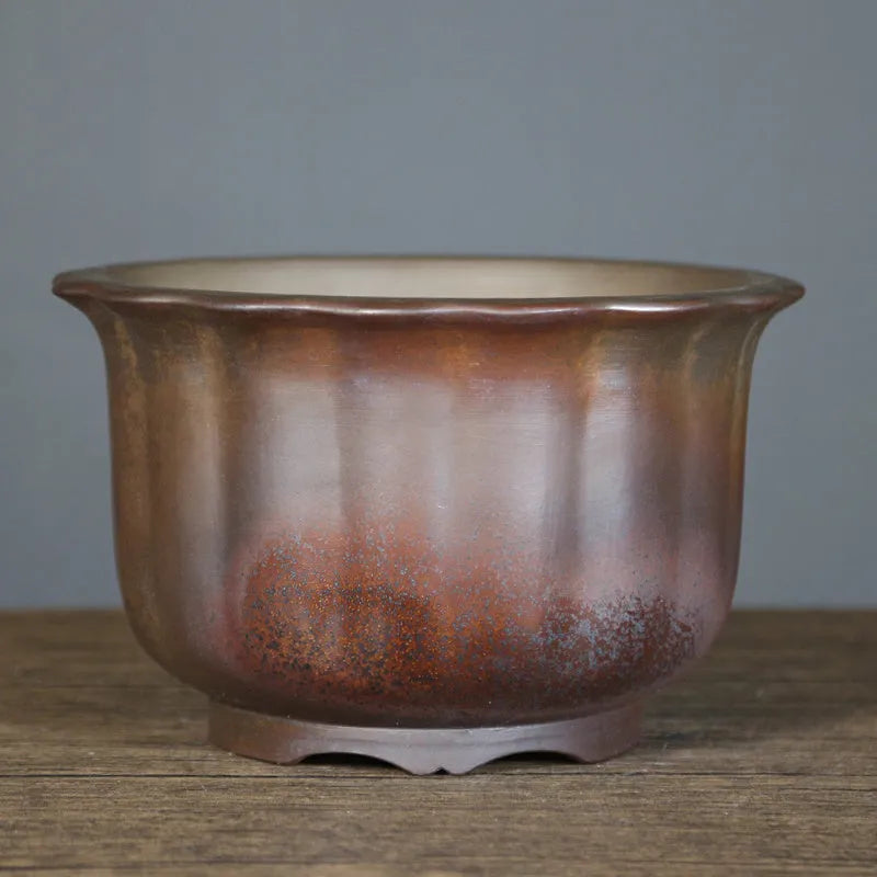 Large antique carved purple sand ceramic flower pot for indoor bonsai