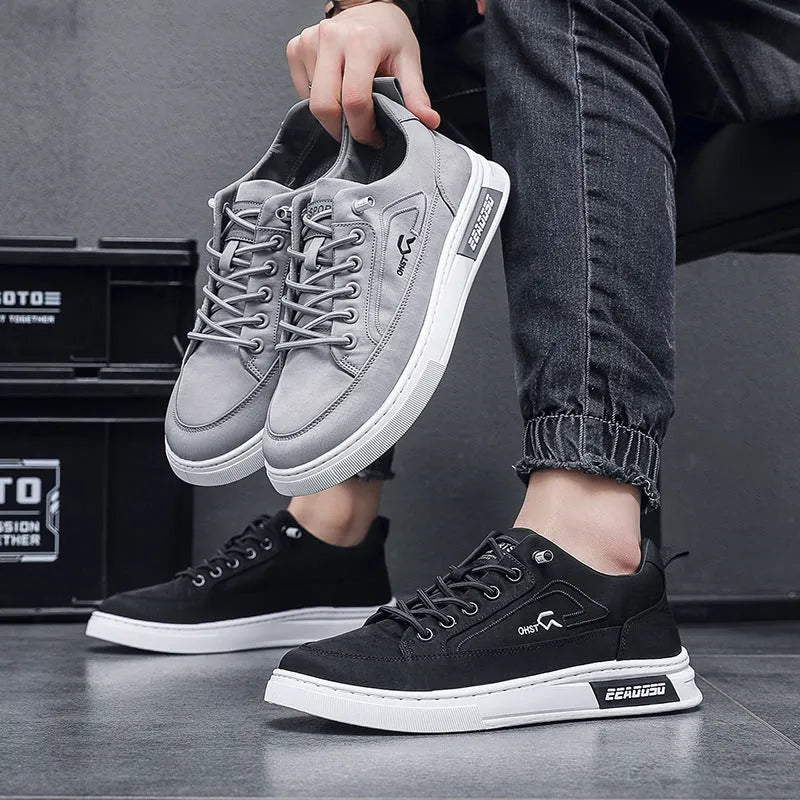 Men's grey casual sneakers with ice silk cloth and canvas upper, round toe and lace-up design