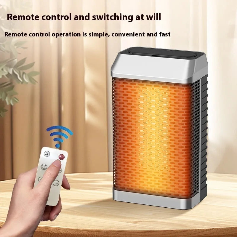 Black compact desktop heater with remote control, shaking head feature, and 3-speed fan for 11-20sqm rooms