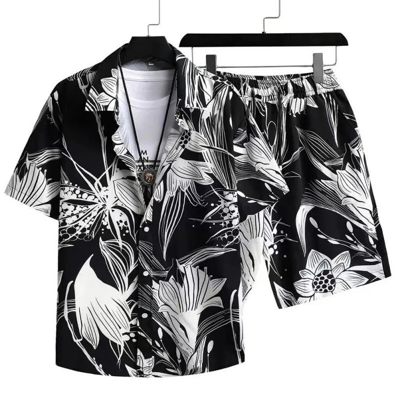 Men's short sleeve cardigan and shorts casual suit set with digital print design in blue.