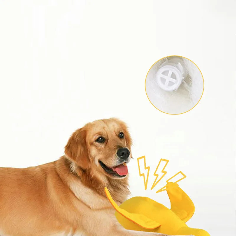 Yellow plush teddy dog toy with squeaker duck sound and treat holes