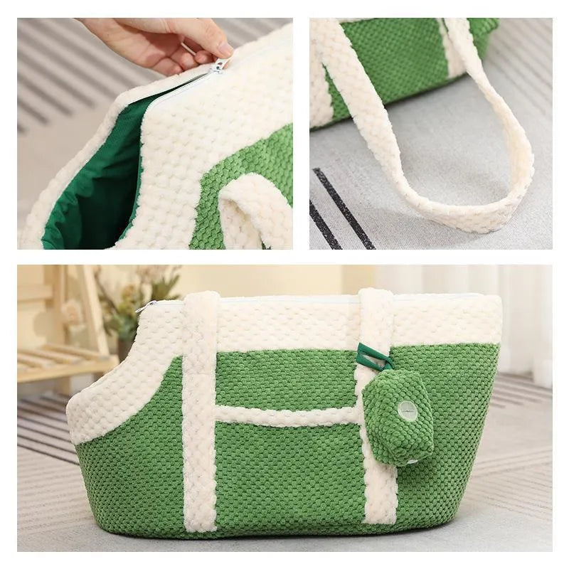 Shoulder cat bag in short plush with cartoon pattern, shown in green, red vertical stripes, or yellow and sunny colour options.