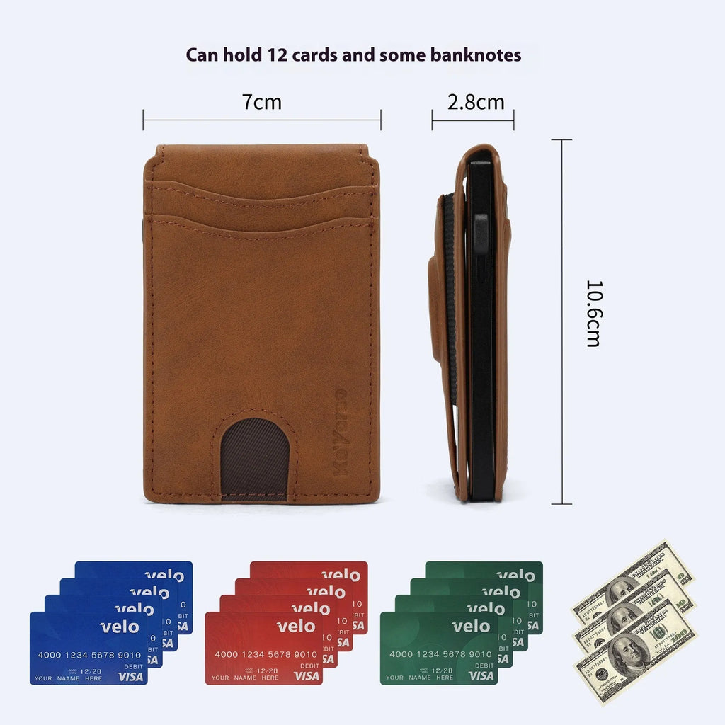 Men's slim synthetic leather card holder wallet in light brown, dark brown, and black colour options.