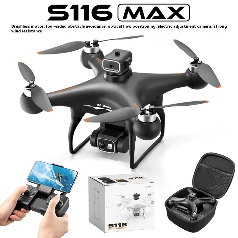 Black brushless UAV quadcopter with four obstacle avoidance sensors and dual HD cameras