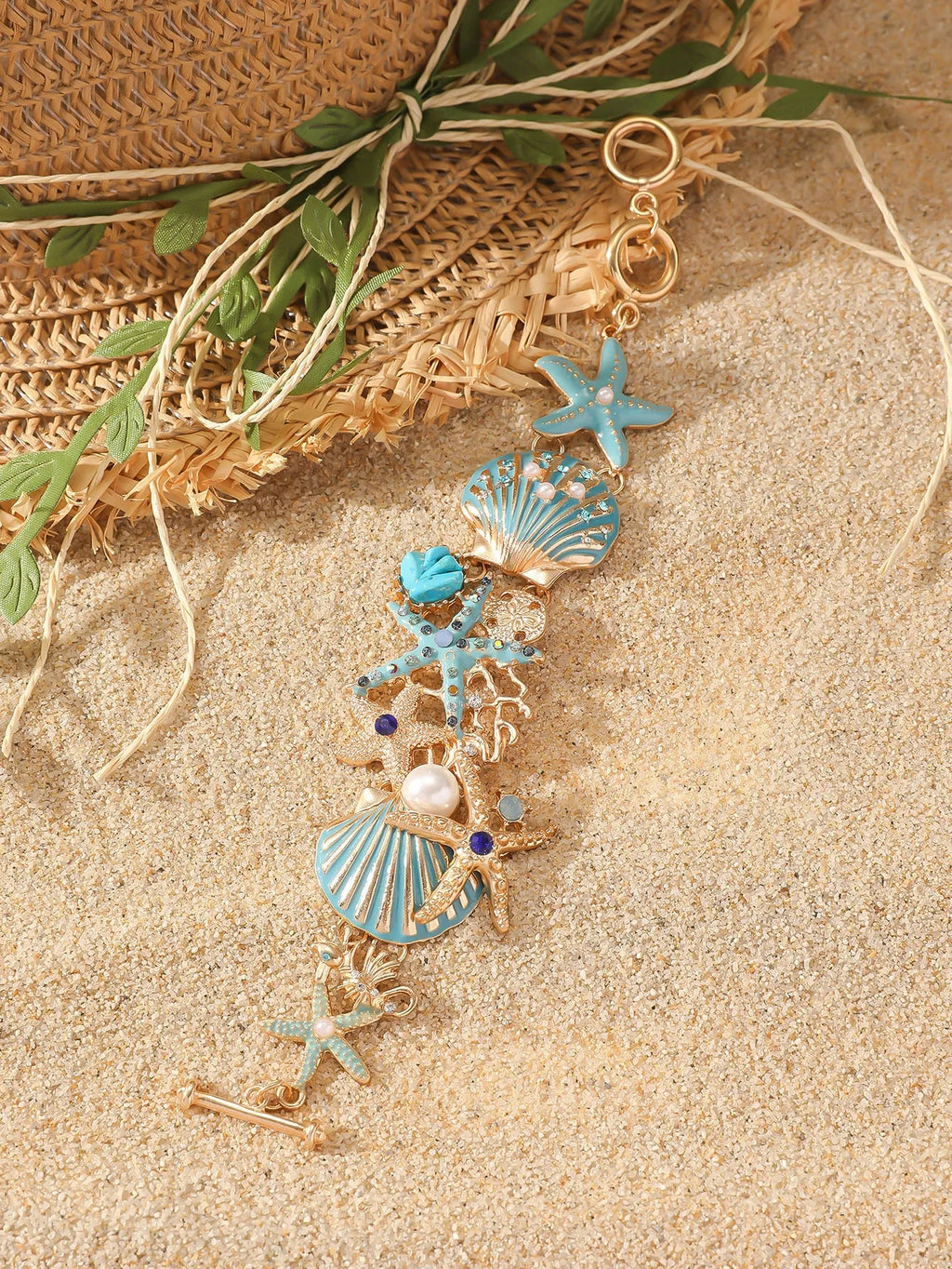 Alloy rhinestone bracelet with marine boat anchor design and starfish elements in turquoise finish