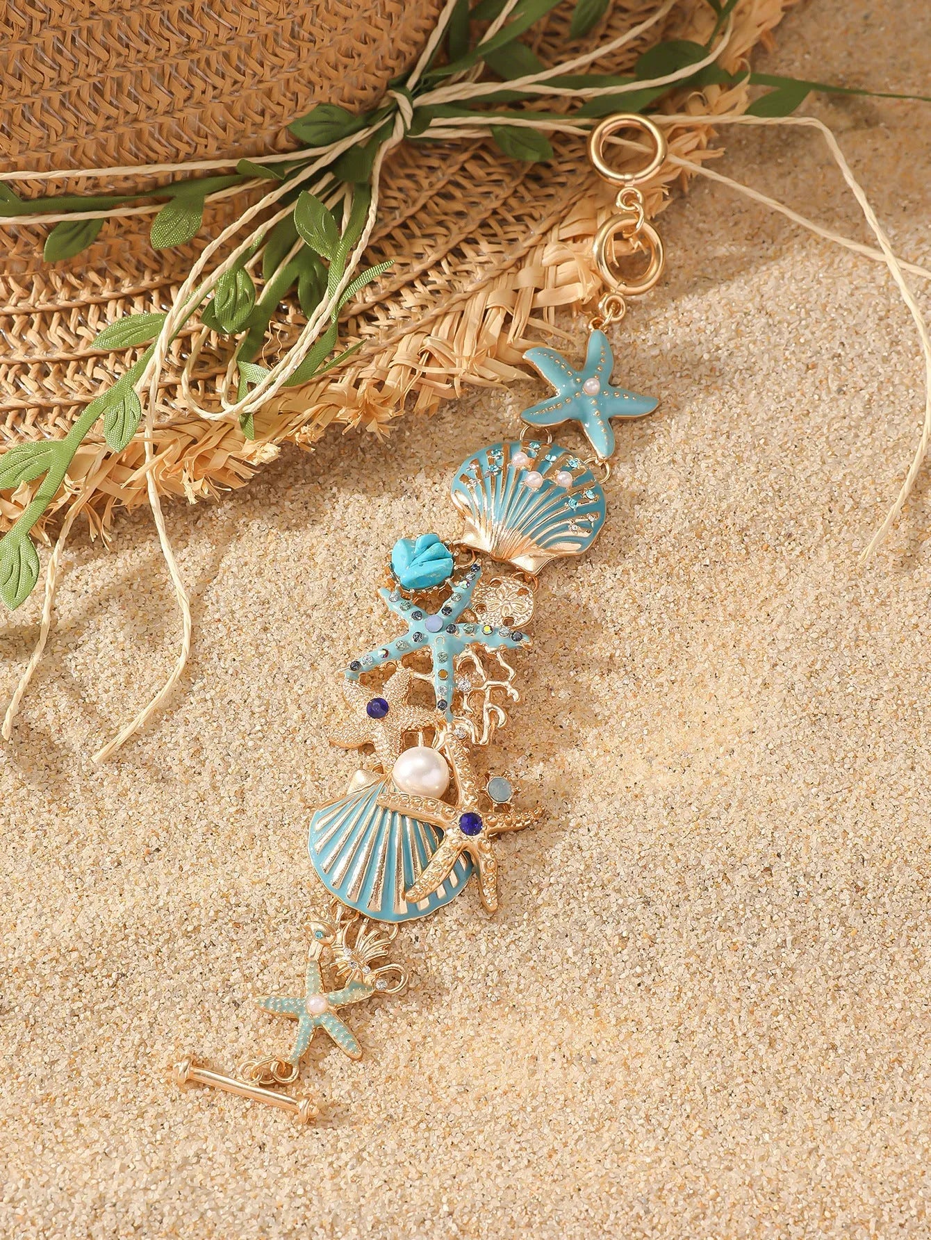 Alloy rhinestone bracelet with marine boat anchor design and starfish elements in turquoise finish