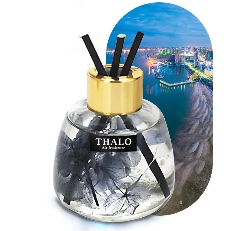 Clear glass bottle-shaped car perfume ornament for loose incense, shown in assorted colours.