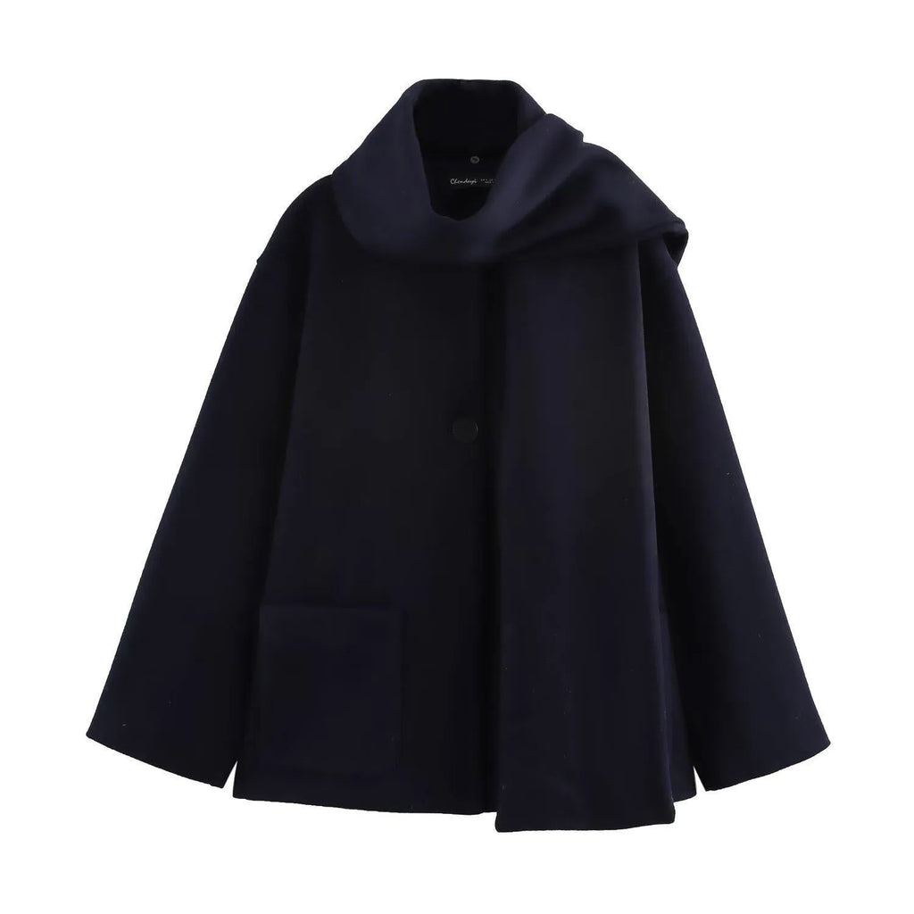 Women's long polyester coat with artificial fur collar in street fashion style
