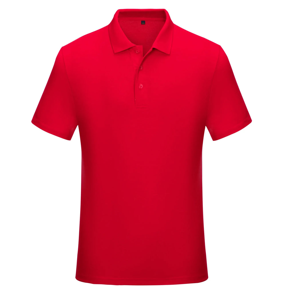 Solid colour cotton short sleeve polo shirt work uniform in multiple colours on a hanger