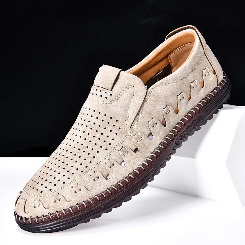 Men's brown slip-on casual shoes with round toe and sewing line details
