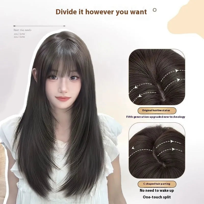 Black long straight full-head women's wig with high-layered cut and integrated hair net