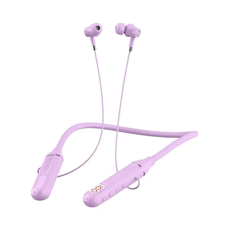 Sports Bluetooth headphones with neckband design showing power display card and available in black, red, purple, green colours