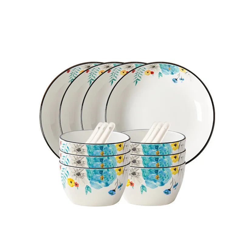 Flower In Ink bone china 22-piece tableware set with floral design, porcelain bowls, spoons, plates