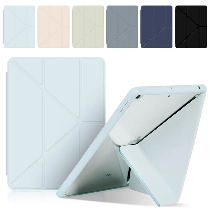 Dark gray Y folding imitation leather iPad case showing stand mode and built-in Apple Pencil slot.