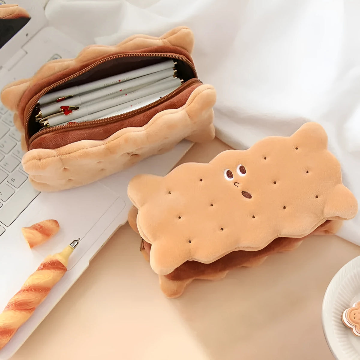 Plush pencil bag with sandwich biscuit design in cartoon style for school storage