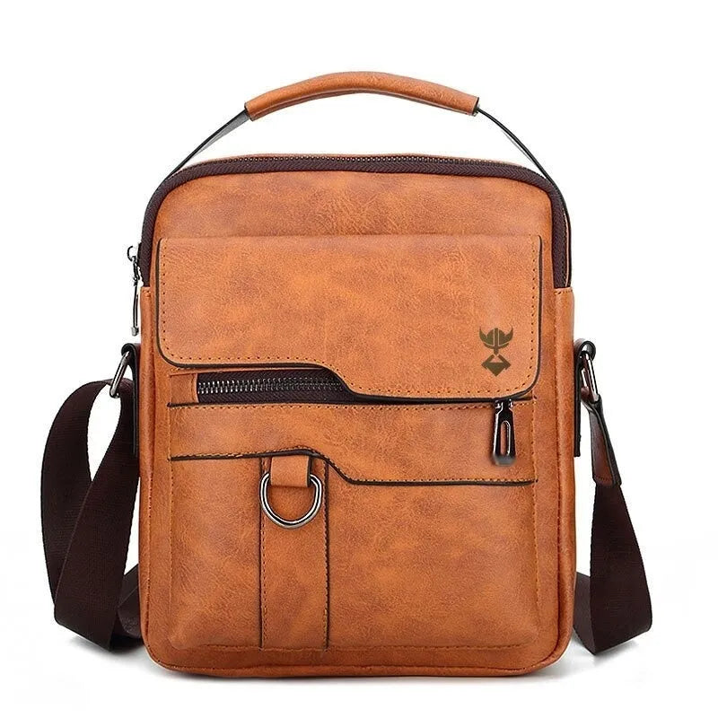 Khaki PU leather men's shoulder bag with a diagonal strap, showing square shape and zippered opening.