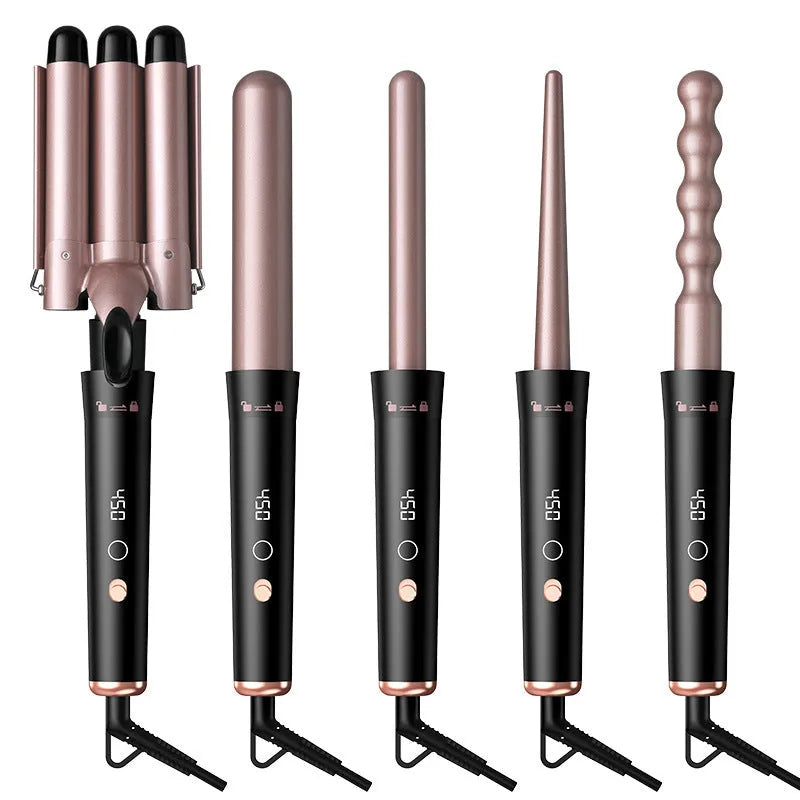 Rose gold tube replacement hair curler with LCD screen display and five styling functions
