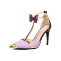 Purple and white plus size women's high heel sandals with closed toe and ankle buckle.