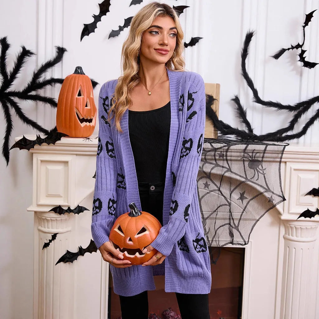 Women's black Halloween cardigan with orange pumpkin head jacquard pattern, medium length straight cut