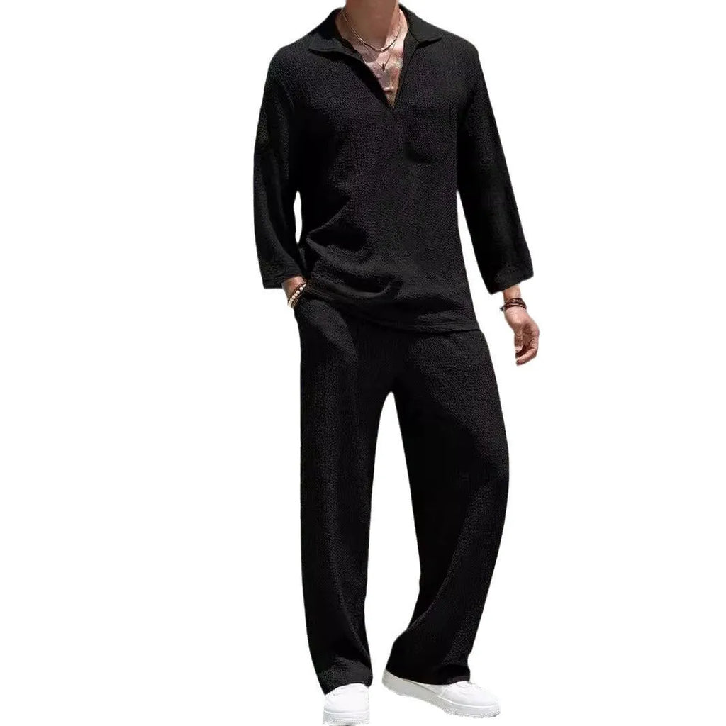 Men's casual shirt trousers commuter suit set in polyester fabric with four colour options