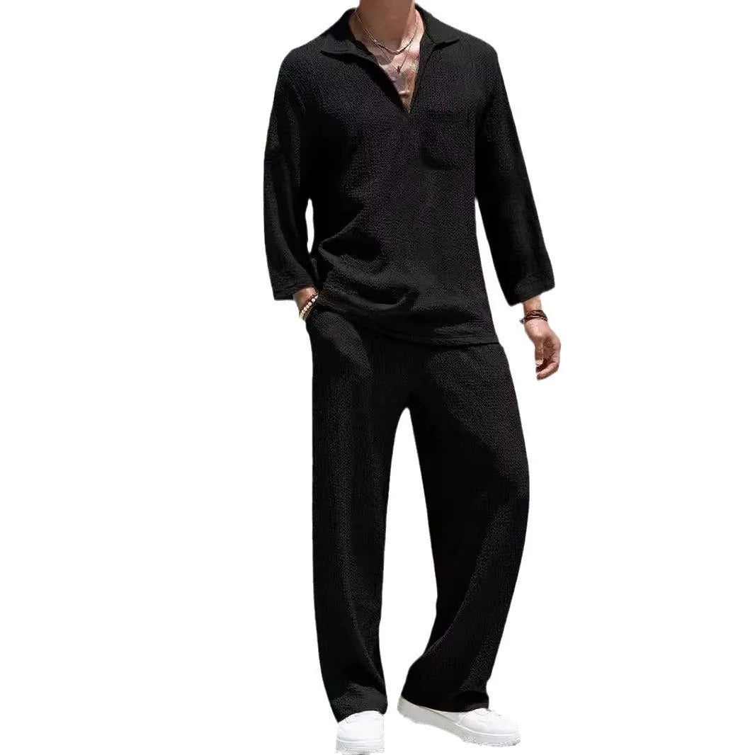 Men's casual shirt trousers commuter suit set in polyester fabric with four colour options