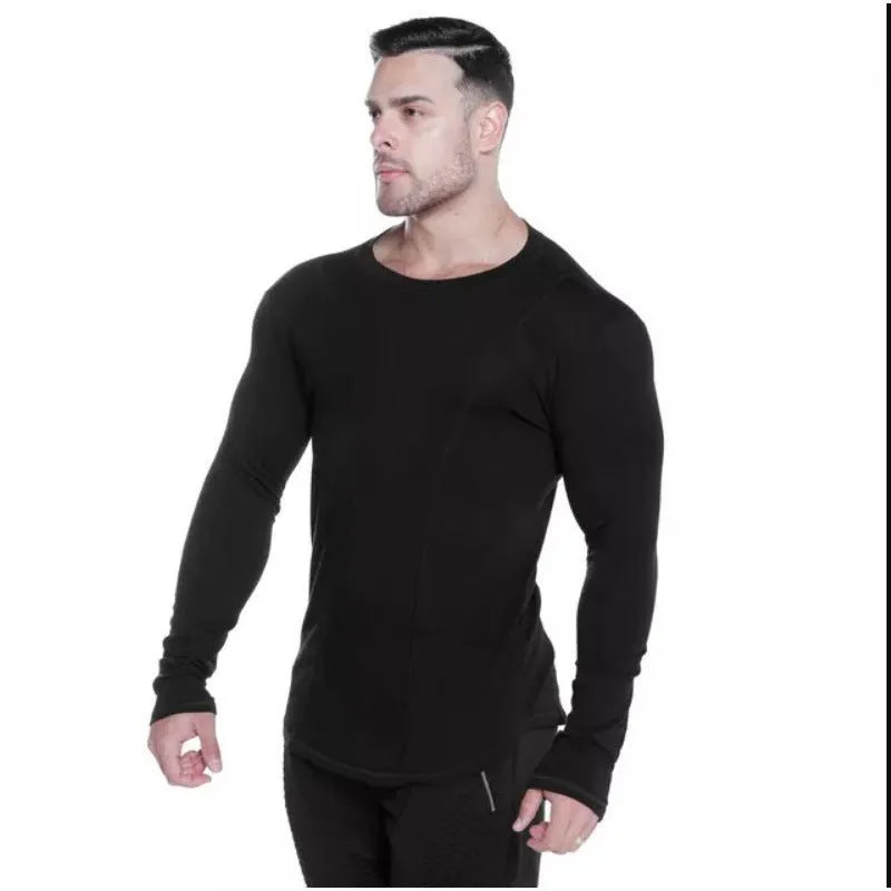Men's round neck long sleeve fitness top in milk silk fabric with letter print, black colour, slim fit