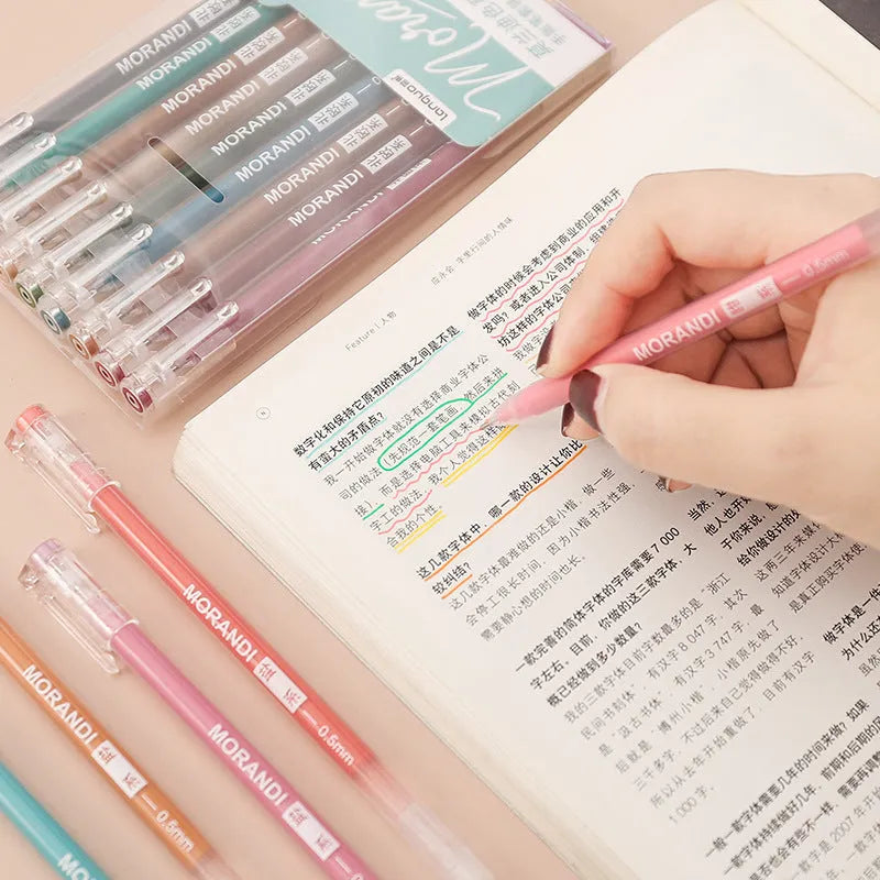 Set of nine retro colour gel pens with 0.5mm needle tips in plastic barrels