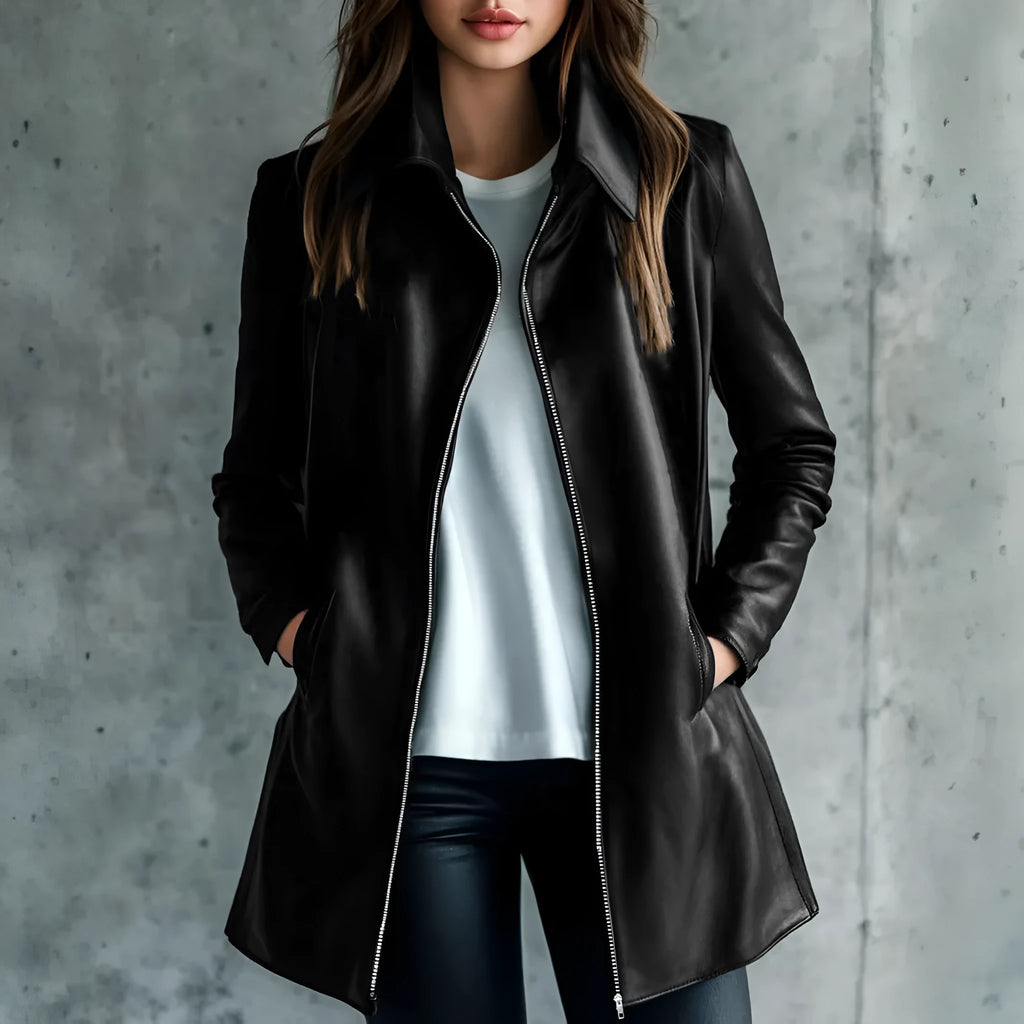Solid black women's leather jacket with medium 65cm length and long sleeves