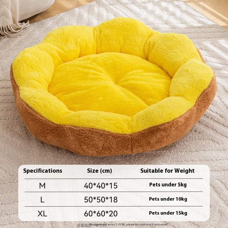 Washable round cat bed with removable plush cover in brown gray colour.