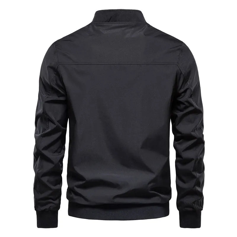 Men's solid colour thin casual jacket in polyester, shown in dark blue, on a hanger.