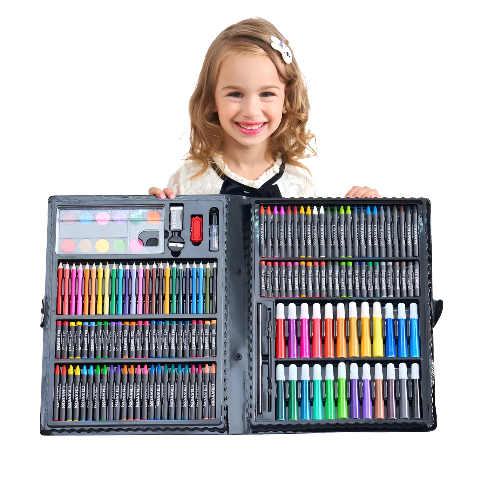 168-piece children's painting set with watercolour pens and oil pastels in a black plastic storage case